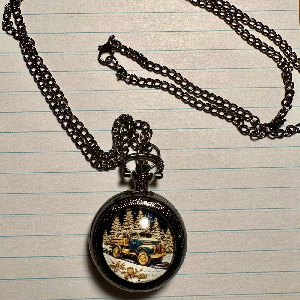 Vintage Style Pocket Watch Necklace with Winter Scene